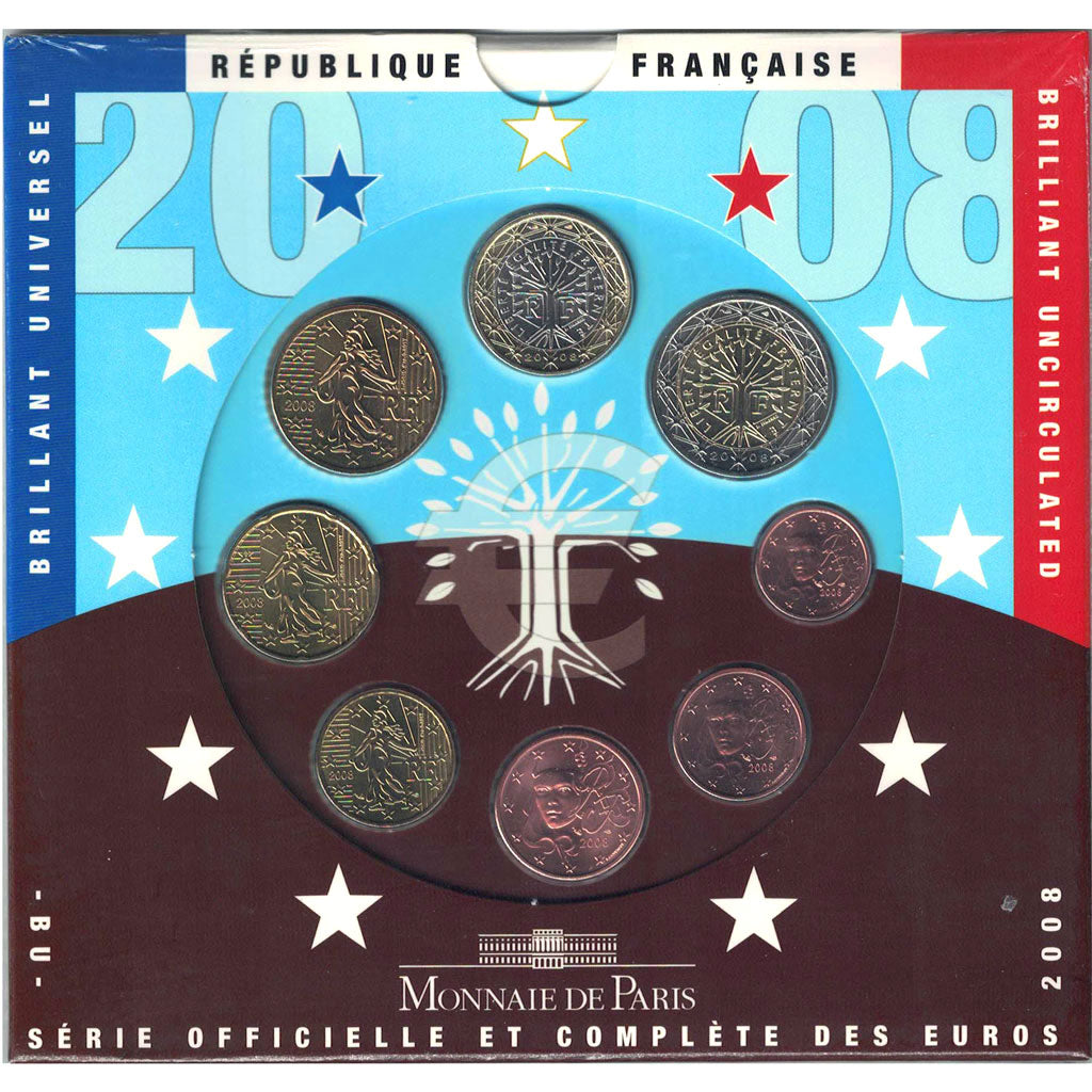 FRANCE, Set, 1 Cent to 2 Euro, 2008, MS(65-70)