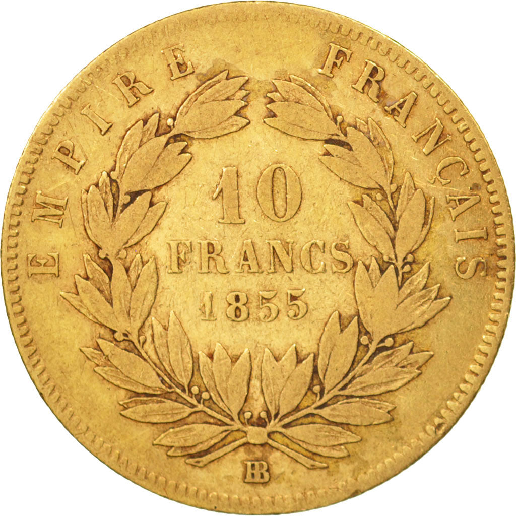 France, Napoleon III, 10 Francs, 1855, Strasbourg, VF(20-25), Gold, KM:784.4