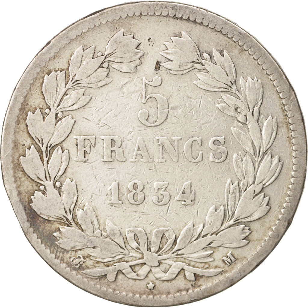 France, Louis-Philippe, 5 Francs, 1834, Toulouse, VF(20-25), Silver, KM:749.9