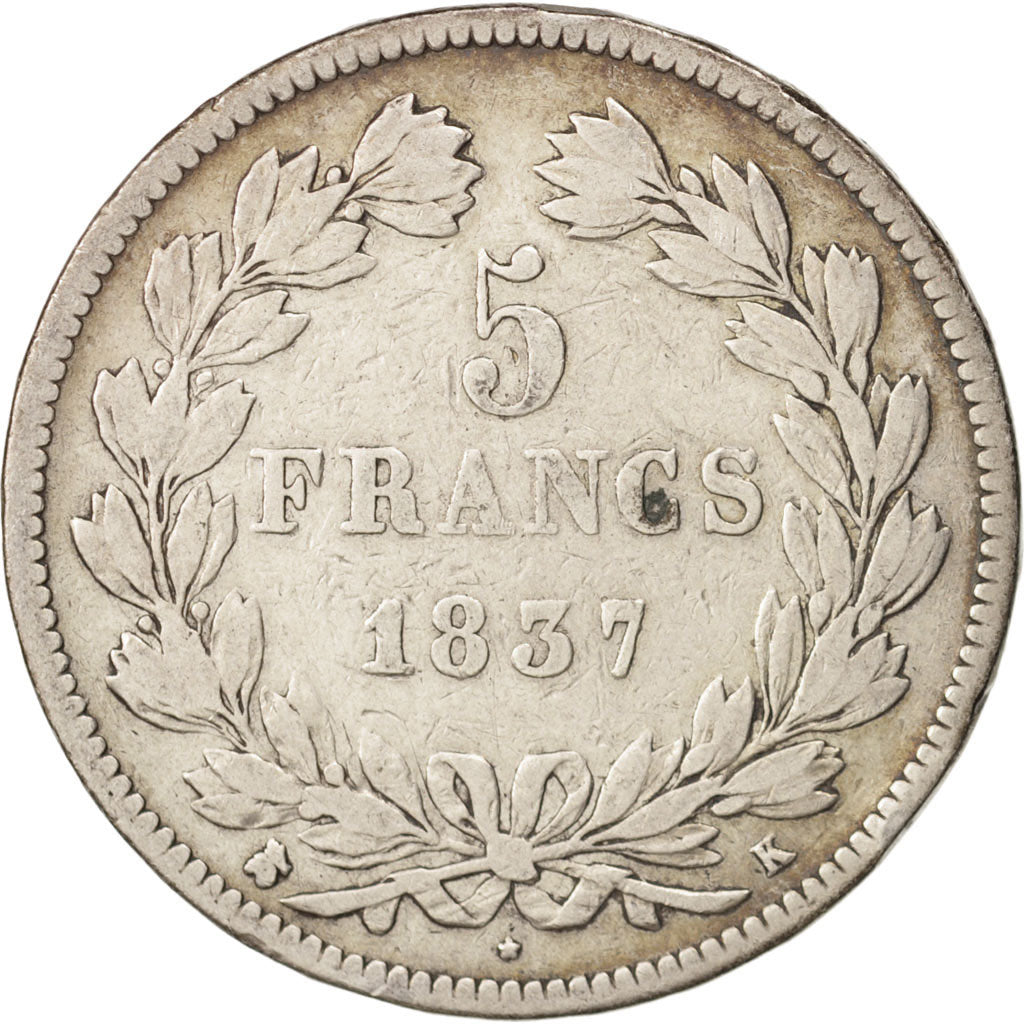 Coin, France, Louis-Philippe, 5 Francs, 1837, Bordeaux, VF(20-25), Silver