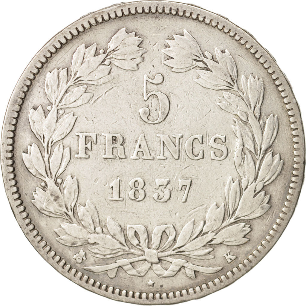 Coin, France, Louis-Philippe, 5 Francs, 1837, Bordeaux, VF(20-25), Silver