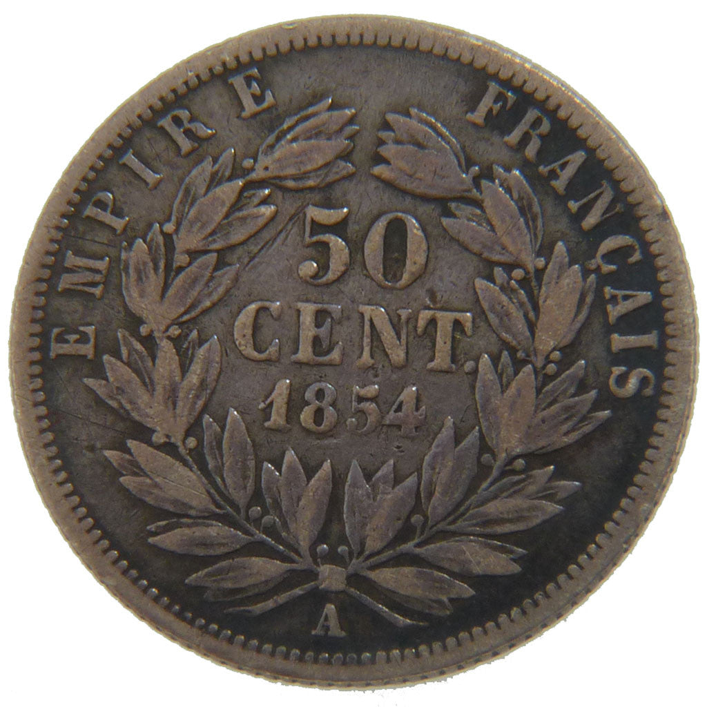 FRANCE, Napoléon III, 50 Centimes, 1854, Paris, KM #794.1, VF(30-35), Silver, G.