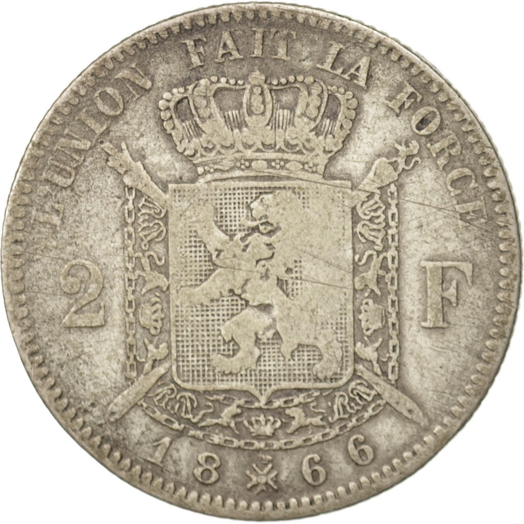 Belgium, Leopold II, 2 Francs, 2 Frank, 1866, VF(20-25), Silver, KM:30.2
