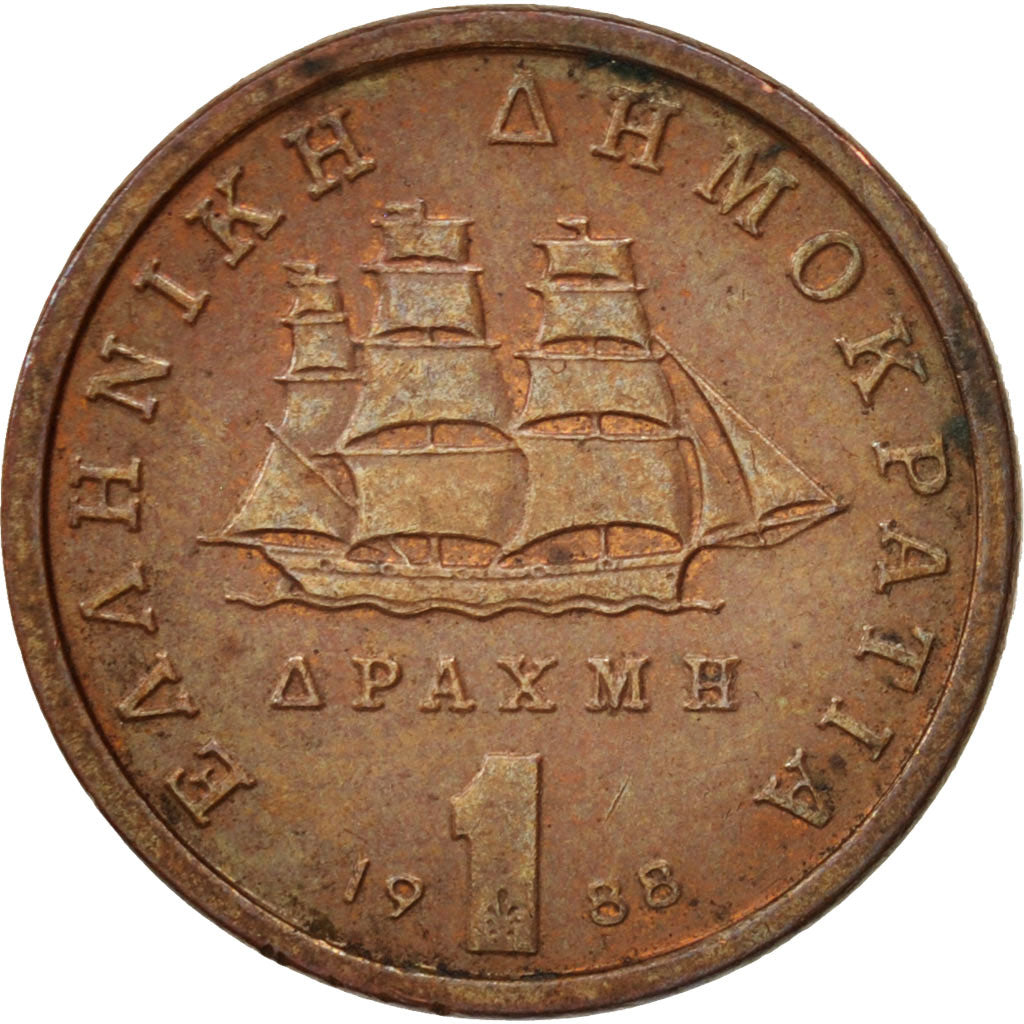 Moneta, Grecja, Drachma, 1988, Athens, AU(50-53), Miedź, KM:150