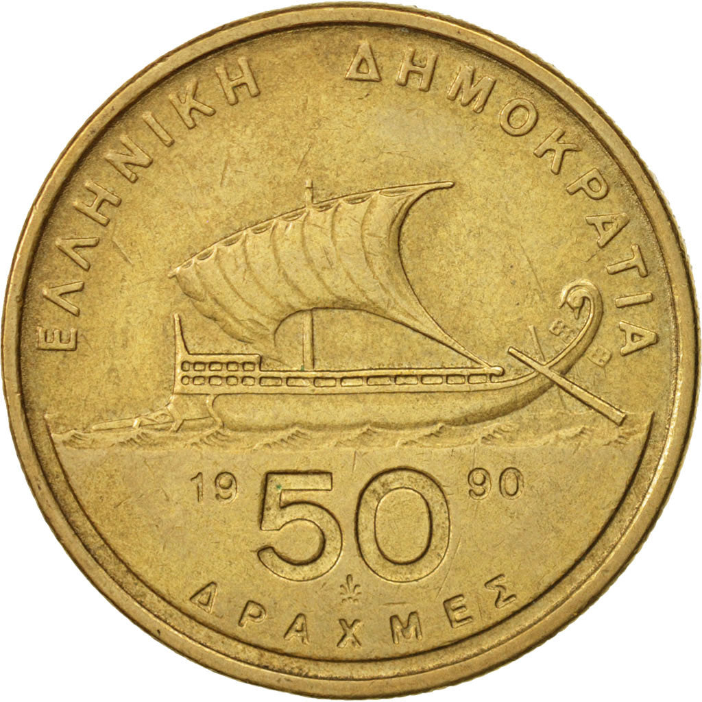 Münze, Griechenland, 50 Drachmes, 1990, VZ, Aluminum-Bronze, KM:147