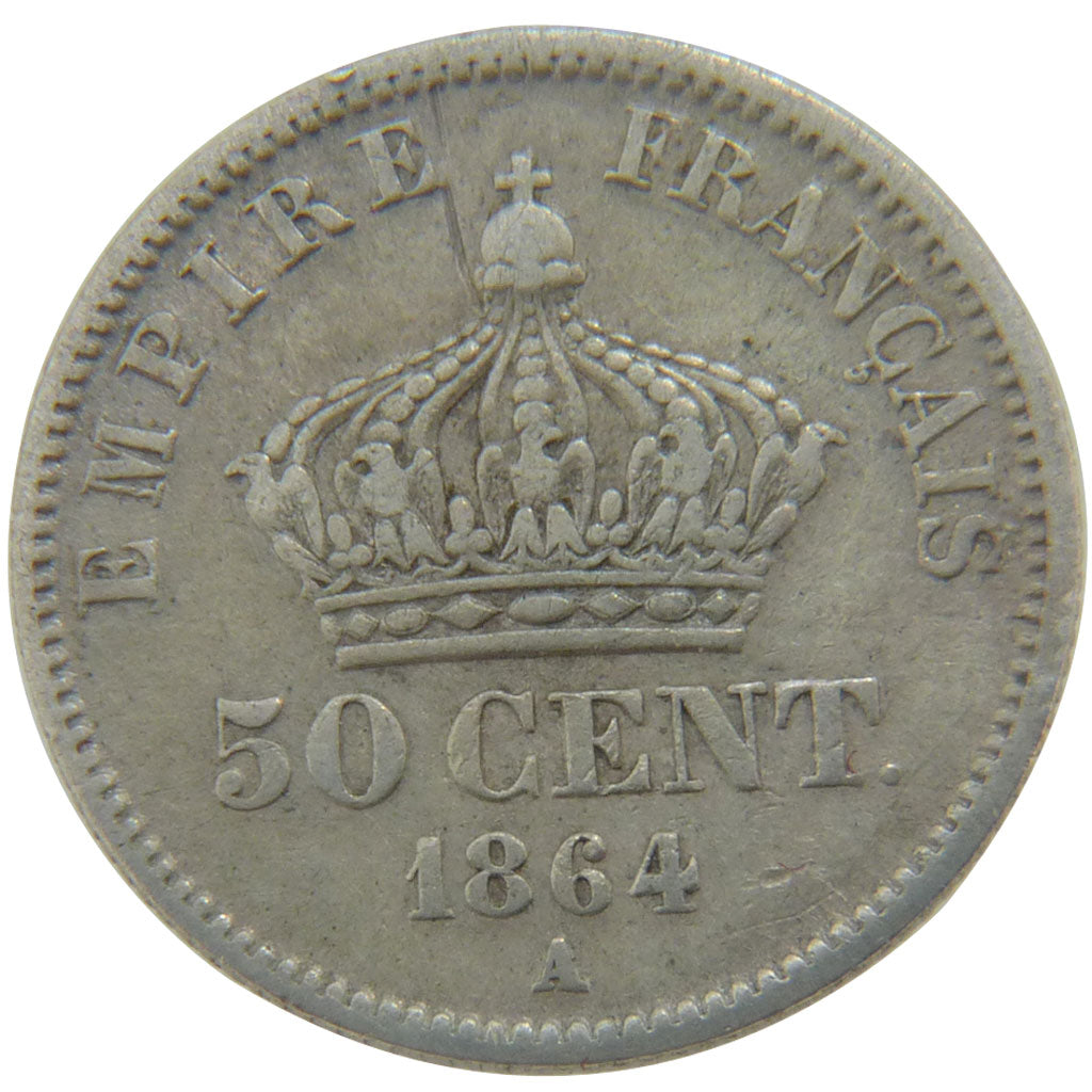 FRANCE, Napoléon III, 50 Centimes, 1864, Paris, VF(20-25), Silver, 18, Gadoury #