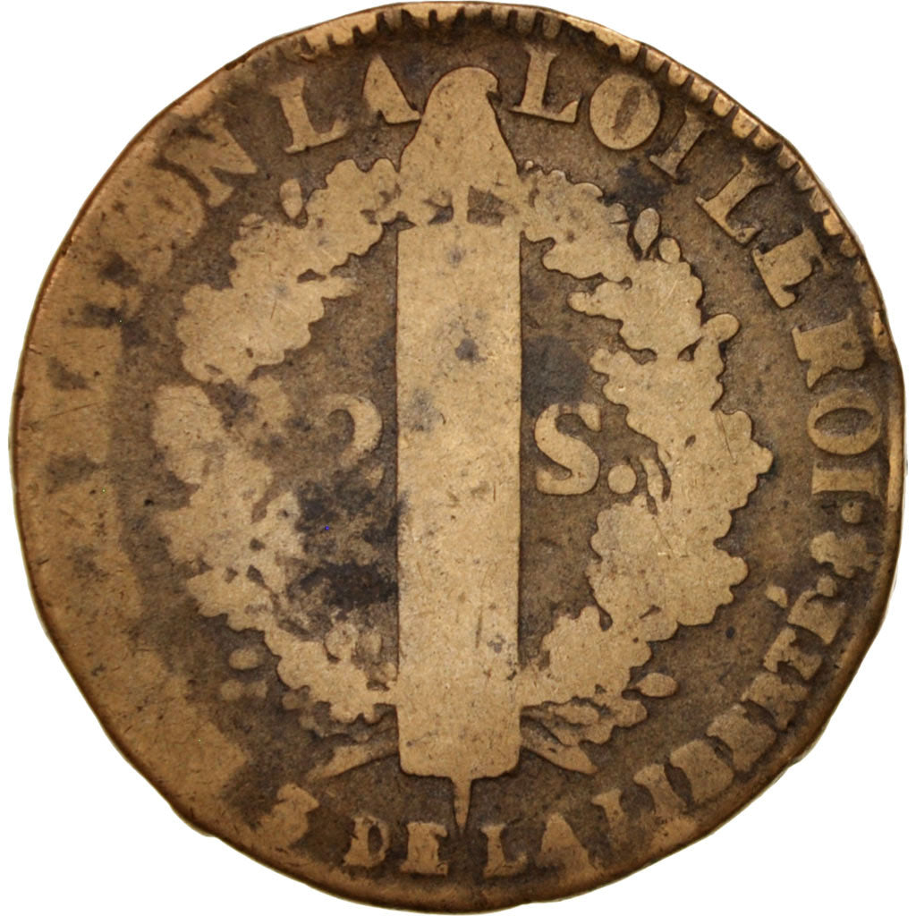 France, Louis XVI, 2 sols françois, 1791, Paris, VG(8-10), Bronze, KM:603.1