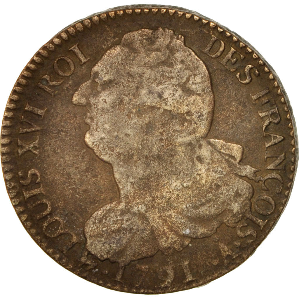 France, Louis XVI, 2 sols françois, 1791, Paris, F(12-15), Bronze, KM:603.1