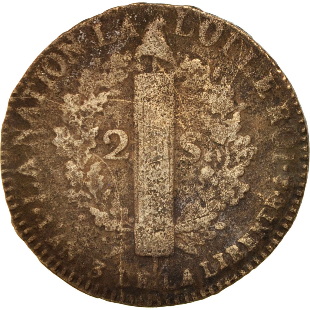 France, Louis XVI, 2 sols françois, 1791, Paris, F(12-15), Bronze, KM:603.1