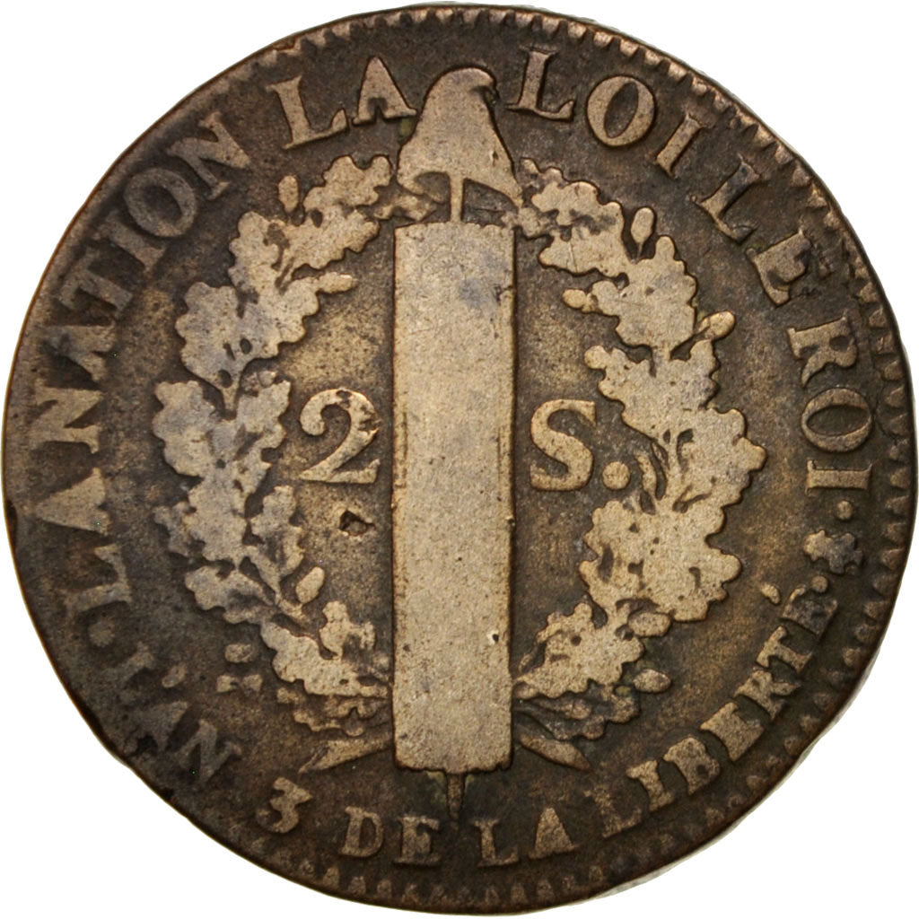France, Louis XVI, 2 sols françois, 1791, Paris, B+, Bronze, Gadoury:25