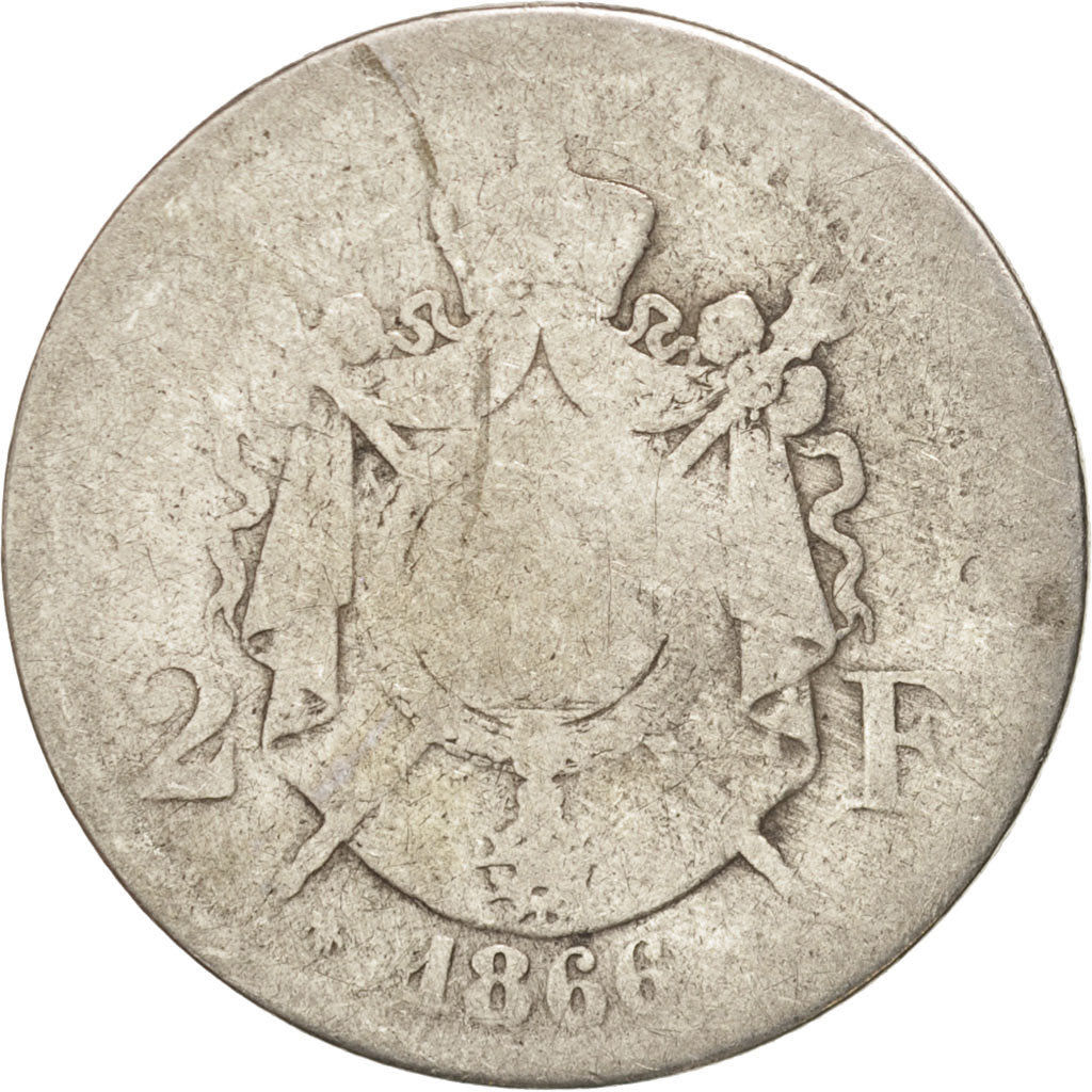 France, Napoleon III, 2 Francs, 1866, Paris, VG(8-10), Silver, KM:807.1