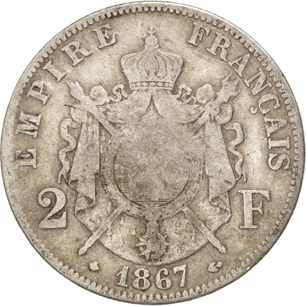 France, Napoleon III, 2 Francs, 1867, Paris, VF(20-25), Silver, KM:807.1