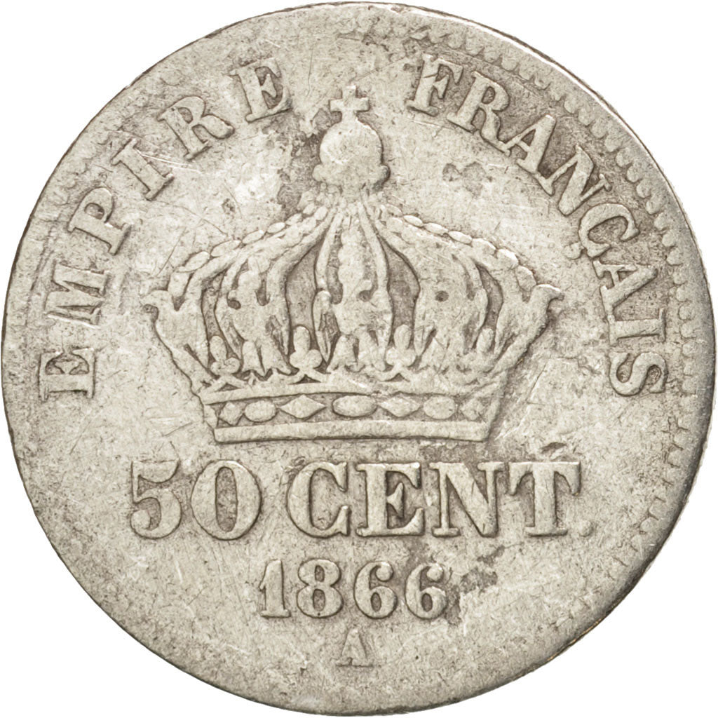 France, Napoleon III, 50 Centimes, 1866, Paris, F(12-15), Silver, KM:814.1