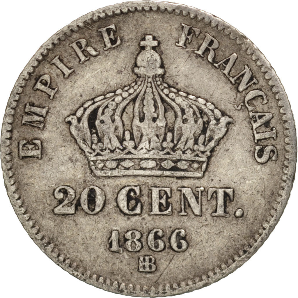 France, Napoleon III, 20 Centimes, 1866, Strasbourg, VF(20-25), Silver, KM:805.2