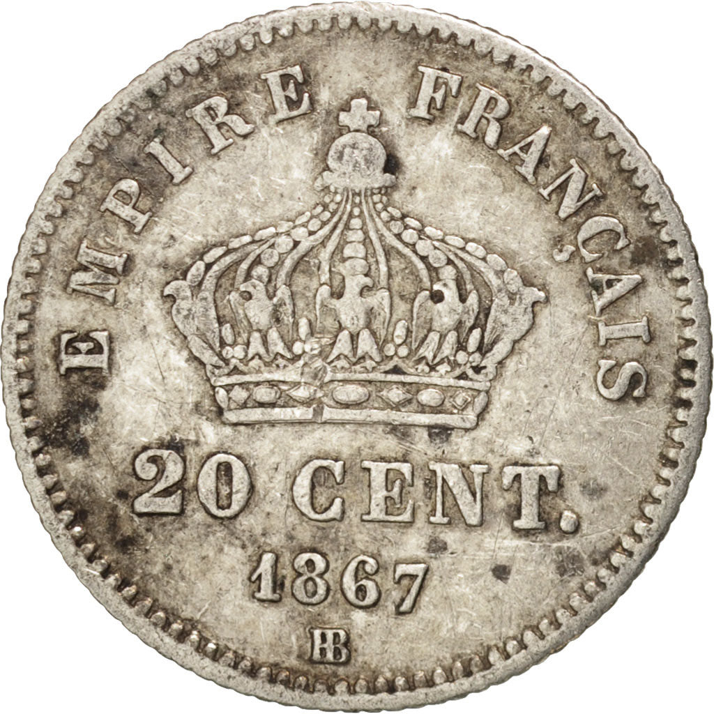 France, Napoleon III, 20 Centimes, 1867, Strasbourg, VF(20-25), Silver, KM:808.2