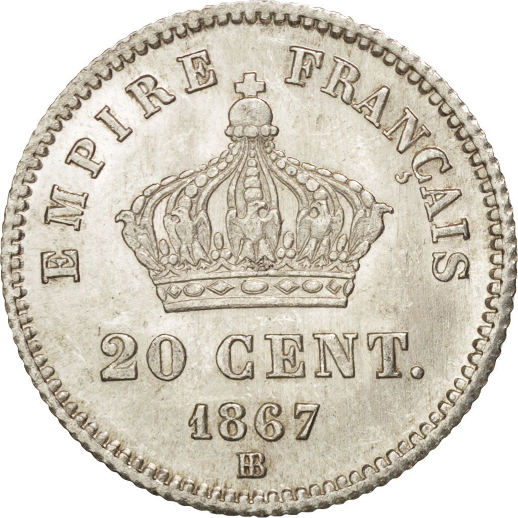 France, Napoleon III, 20 Centimes, 1867, Strasbourg, AU(50-53), Silver, KM:808.2