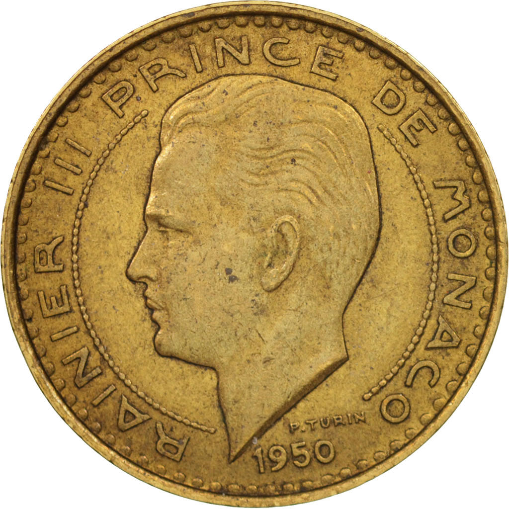 Monaco, Rainier III, 10 Francs, 1950, BB+, Alluminio-bronzo, KM:130, Gadoury:...