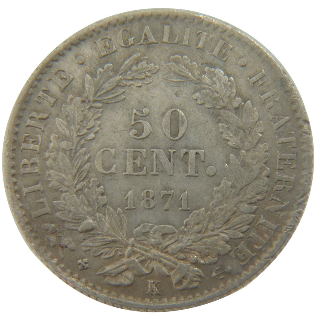 FRANCE, Cérès, 50 Centimes, 1871, Bordeaux, AU(50-53), Silver, Gadoury #419, 2..
