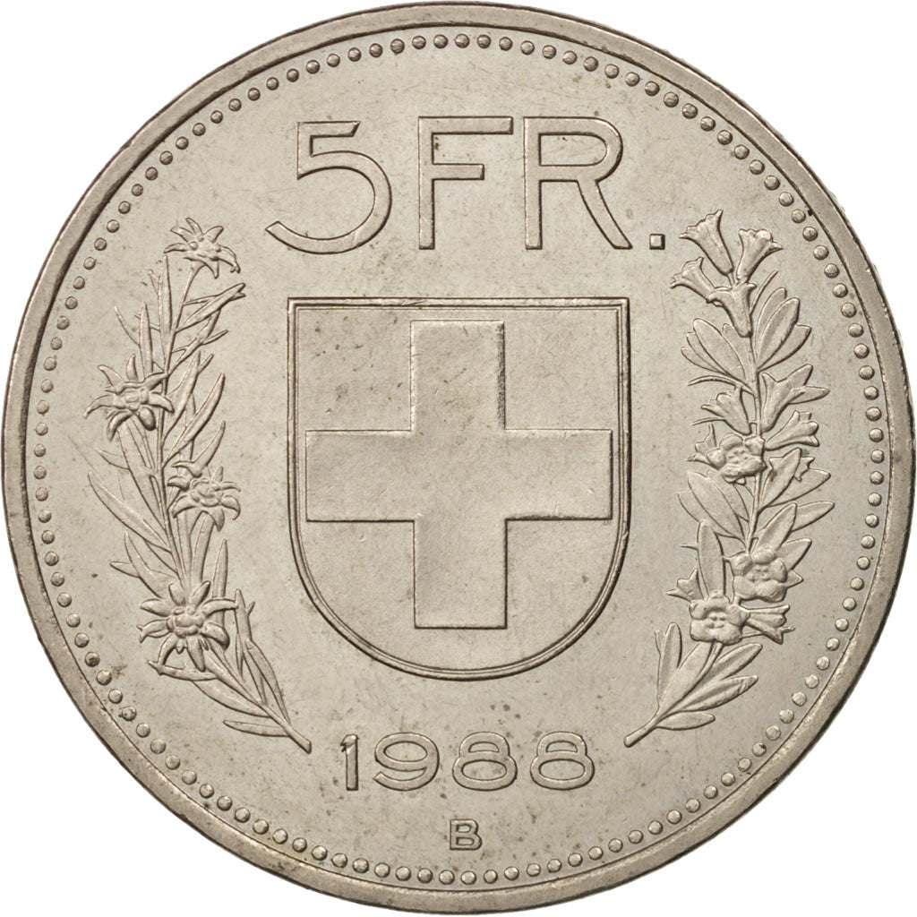 Switzerland, 5 Francs, 1988, Bern, MS(60-62), Copper-nickel, KM:40a.3