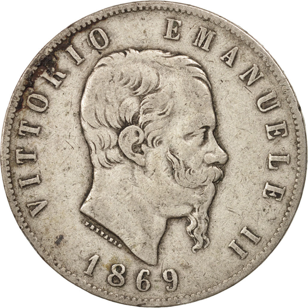 Italie, Vittorio Emanuele II, 5 Lire, 1869, Milan, TB+, Argent, KM:8.3