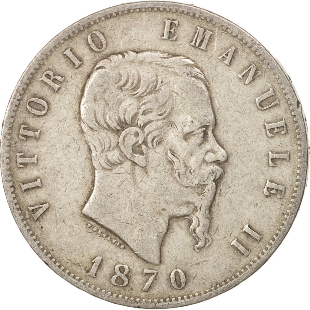 Italie, Vittorio Emanuele II, 5 Lire, 1870, Milan, TB+, Argent, KM:8.3