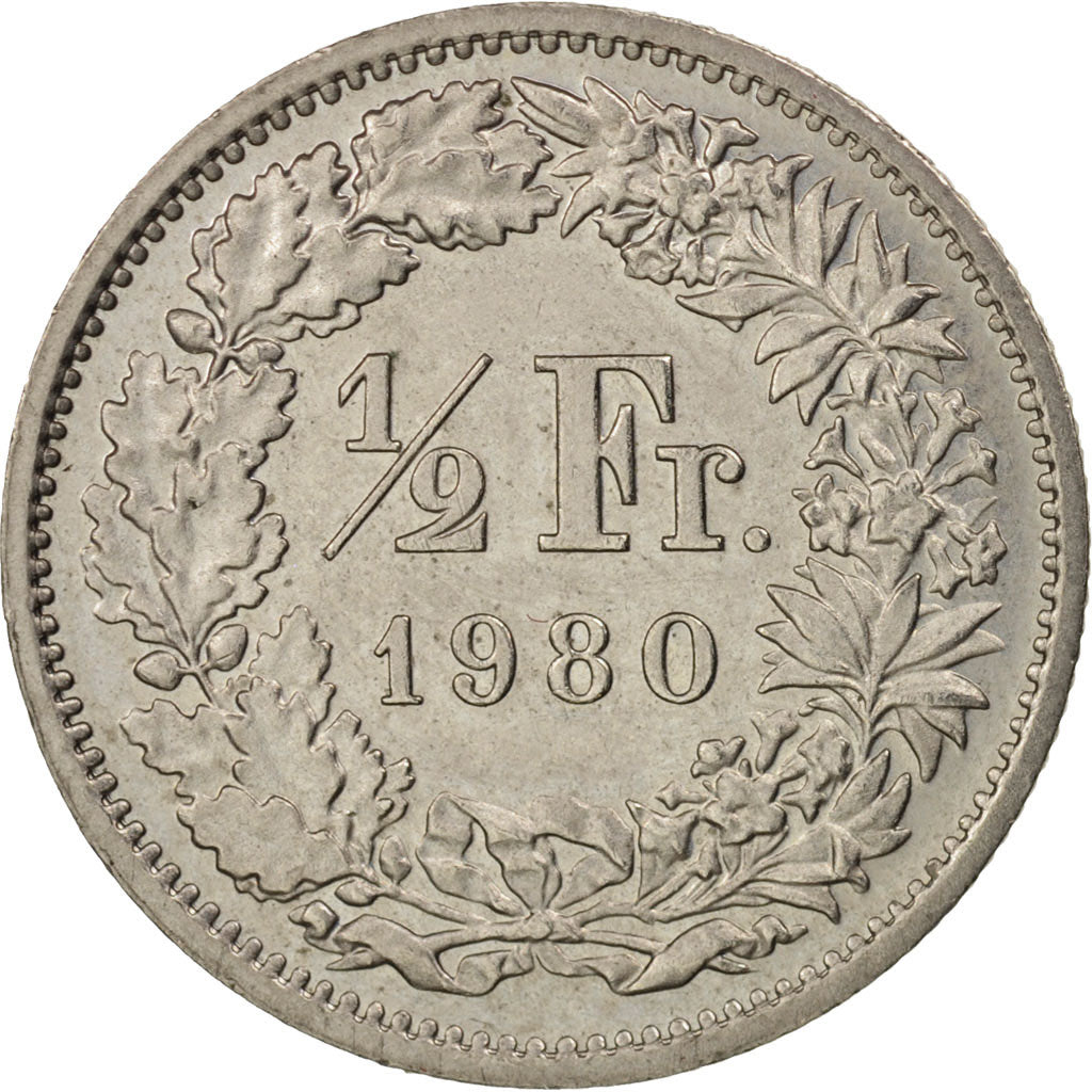 Coin, Switzerland, 1/2 Franc, 1980, Bern, MS(60-62), Copper-nickel, KM:23a.1