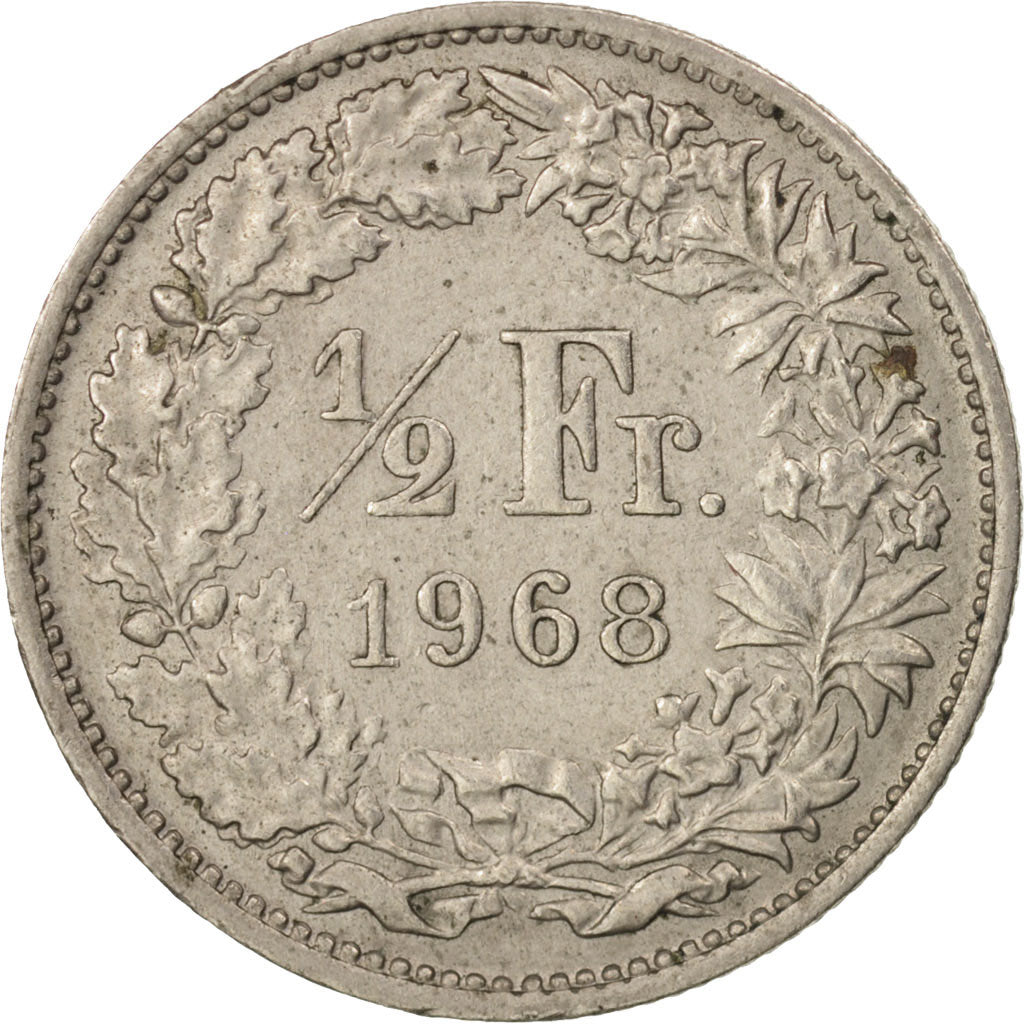 Coin, Switzerland, 1/2 Franc, 1968, Bern, AU(50-53), Copper-nickel, KM:23a.1
