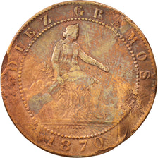 Moneta, Spagna, Provisional Government, 10 Centimos, 1870, MB, Rame, KM:663