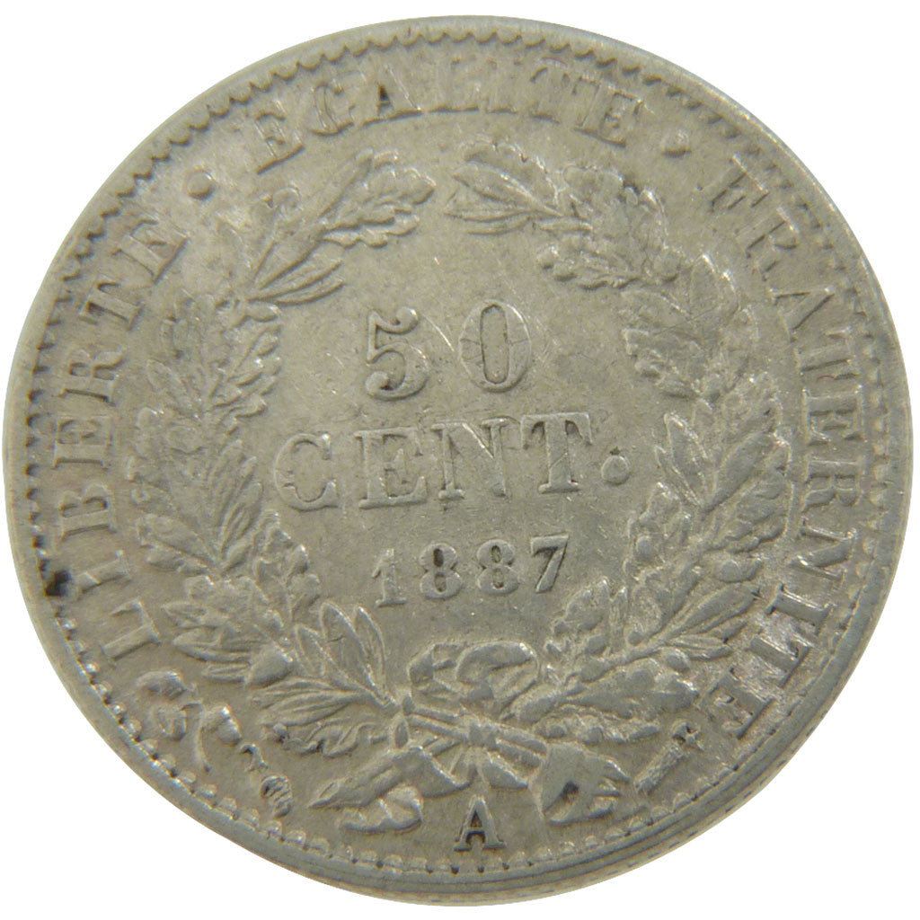 FRANCE, Cérès, 50 Centimes, 1887, Paris, KM #834.1, AU(50-53), Silver, 18, G...