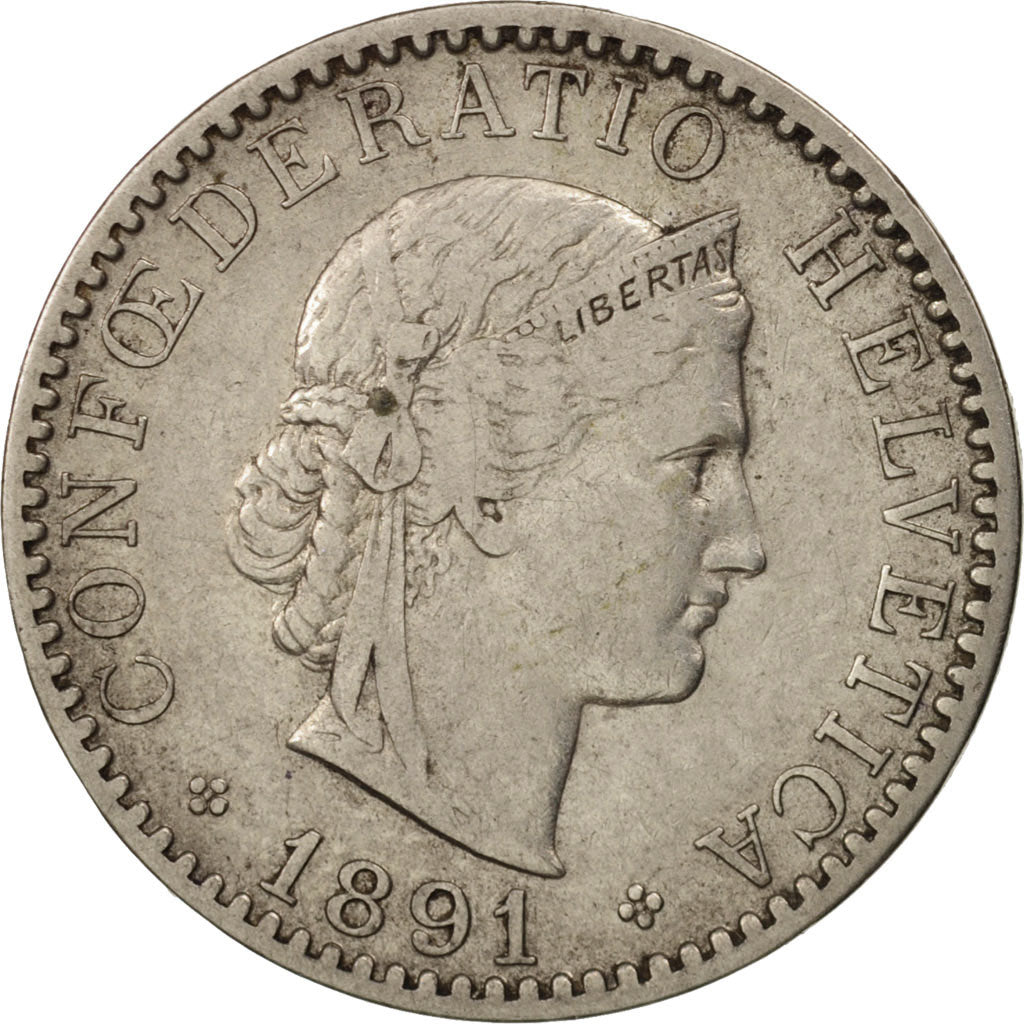 Coin, Switzerland, 20 Rappen, 1891, Bern, EF(40-45), Nickel, KM:29