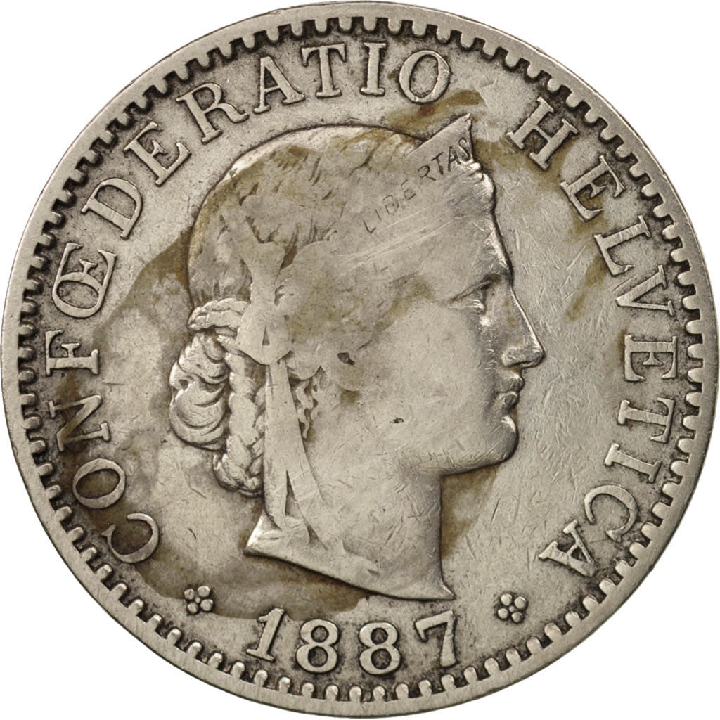Coin, Switzerland, 20 Rappen, 1887, Bern, VF(20-25), Nickel, KM:29