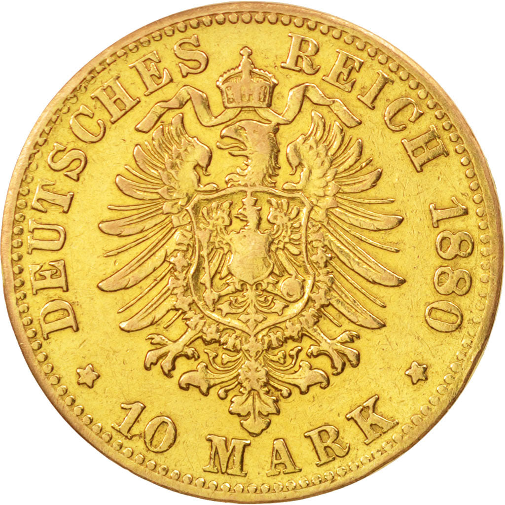 German States, BAVARIA, Ludwig II, 10 Mark, 1880, Munich, EF(40-45), KM:898