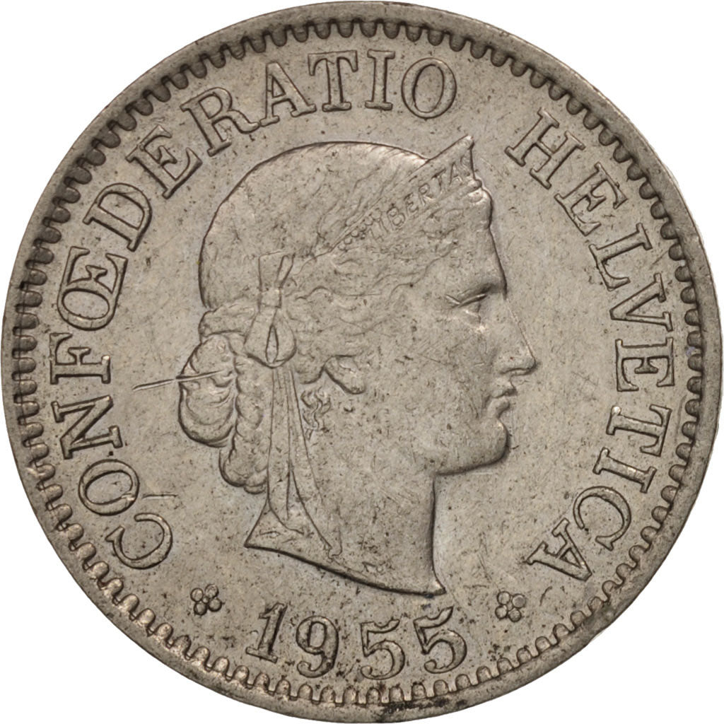 Moneta, Szwajcaria, 10 Rappen, 1955, Bern, AU(50-53), Miedź-Nikiel, KM:27