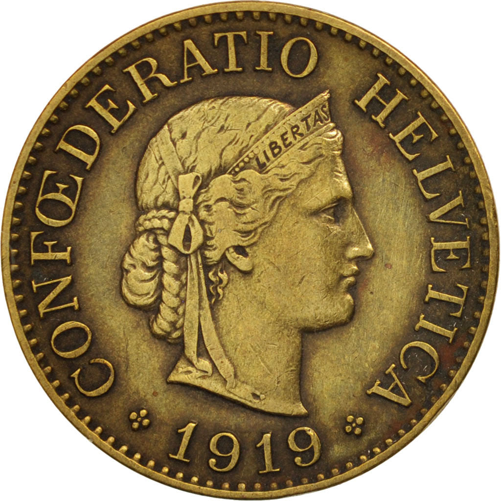 Switzerland, 10 Rappen, 1919, Bern, EF(40-45), Brass, KM:27A