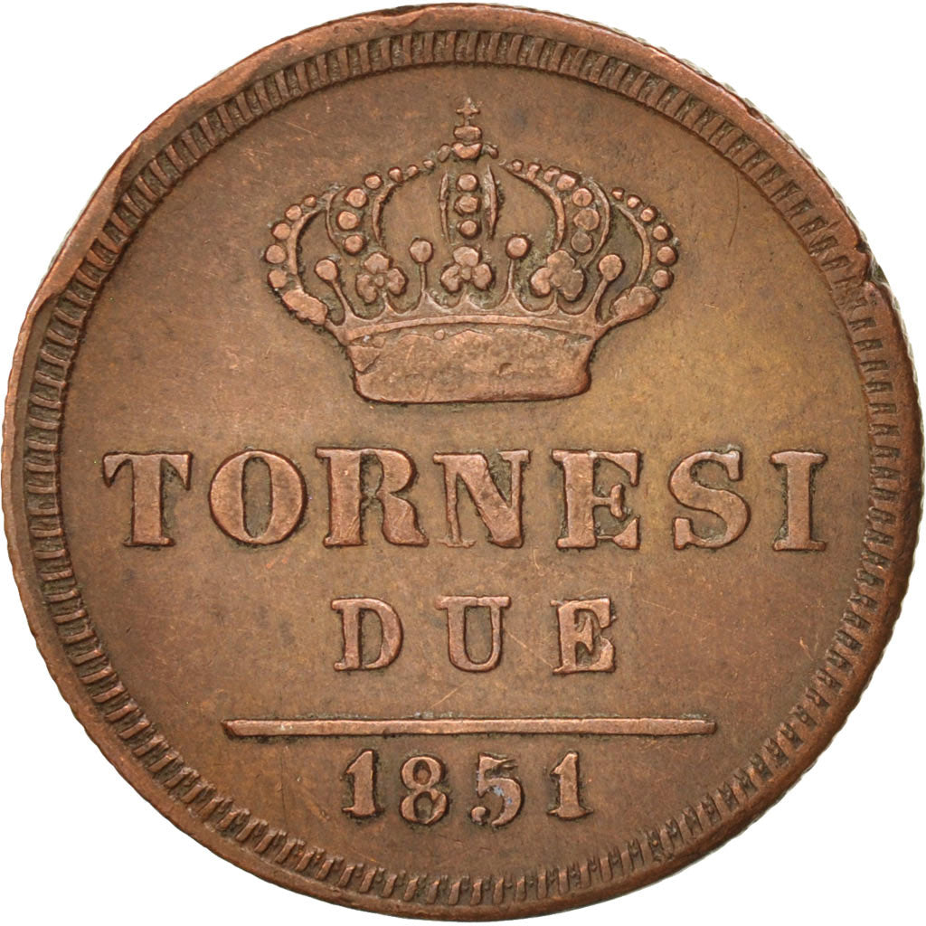 STATI ITALIANI, NAPLES, Ferdinando II, 2 Tornesi, 1851, BB, Rame, KM:327