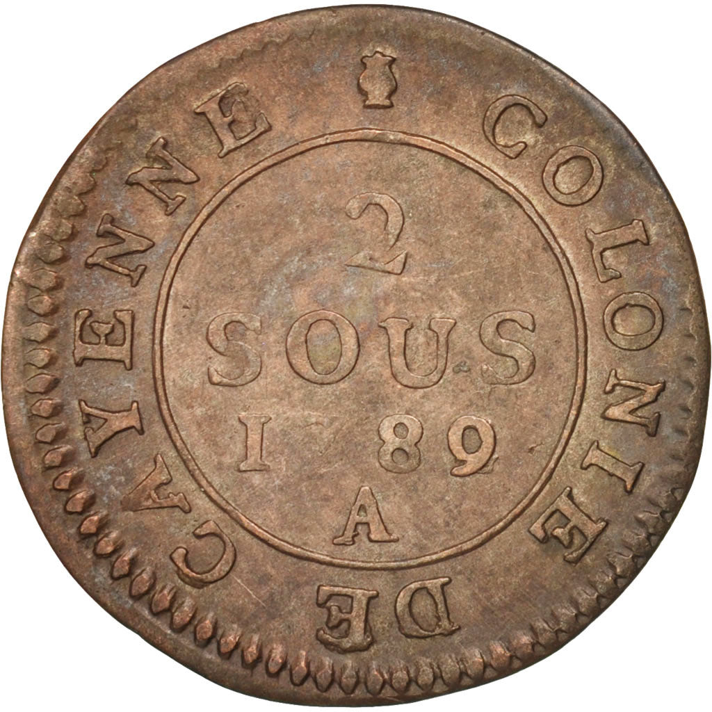 FRENCH GUIANA, 2 Sous, 1789, Paris, EF(40-45), Billon, KM:1, Lecompte:21