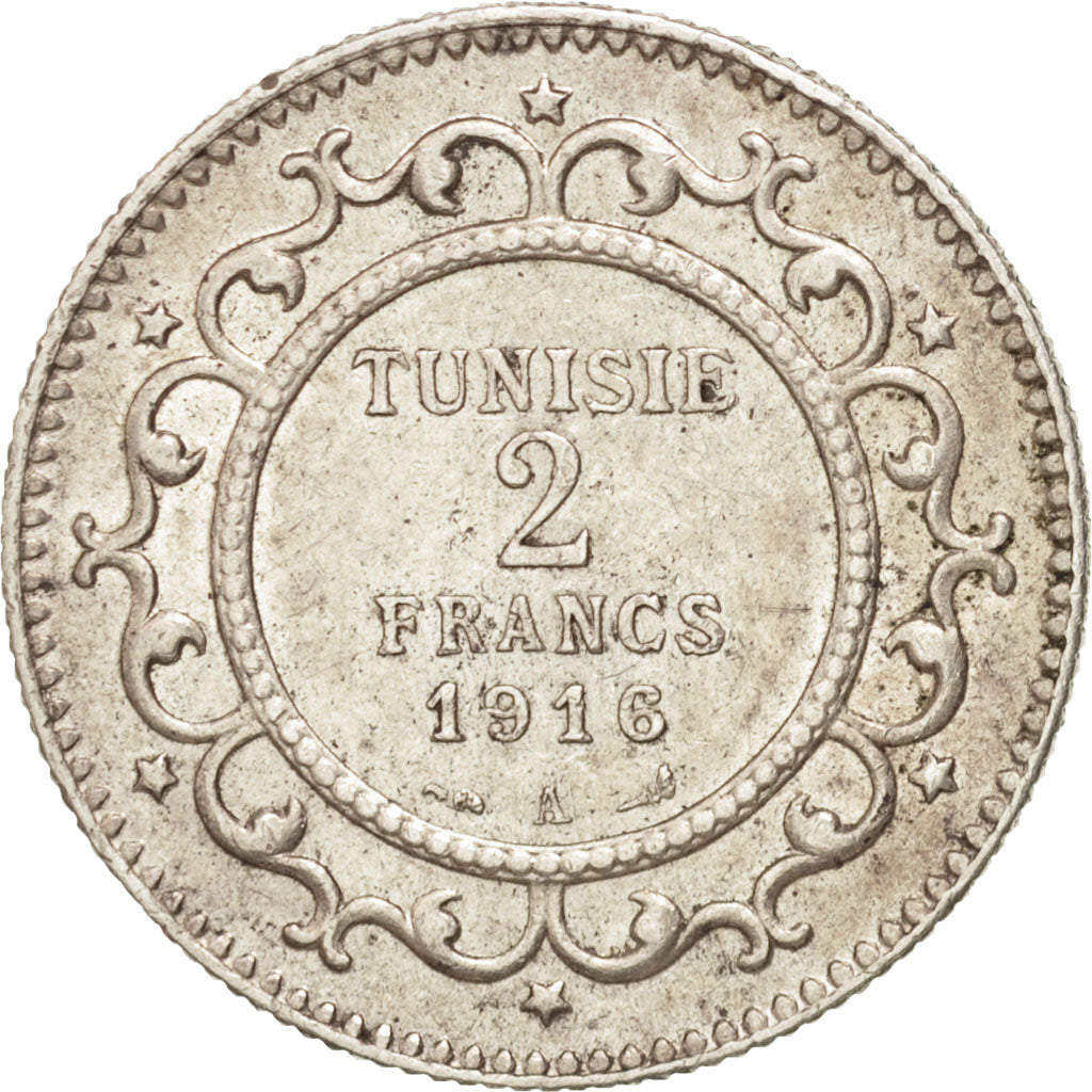 Coin, Tunisia, Muhammad al-Nasir Bey, 2 Francs, 1916, Paris, AU(55-58), Silver