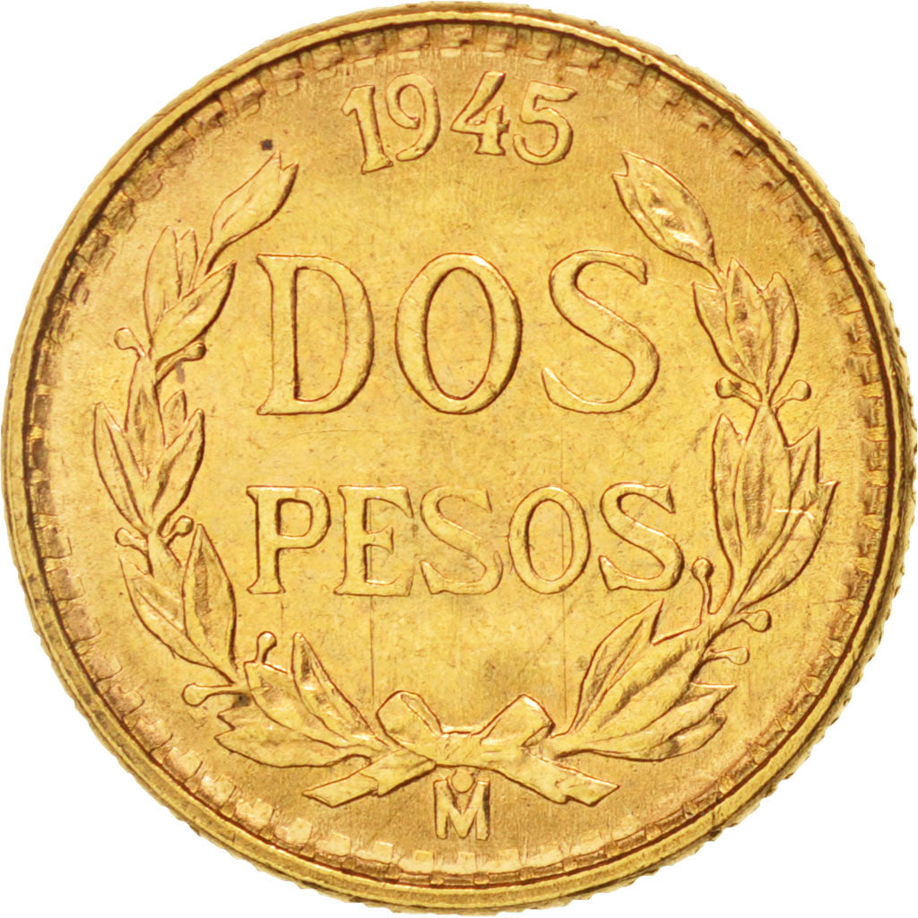 Mexico, 2 Pesos, 1945, Mexico City, AU(55-58), Gold, KM:461