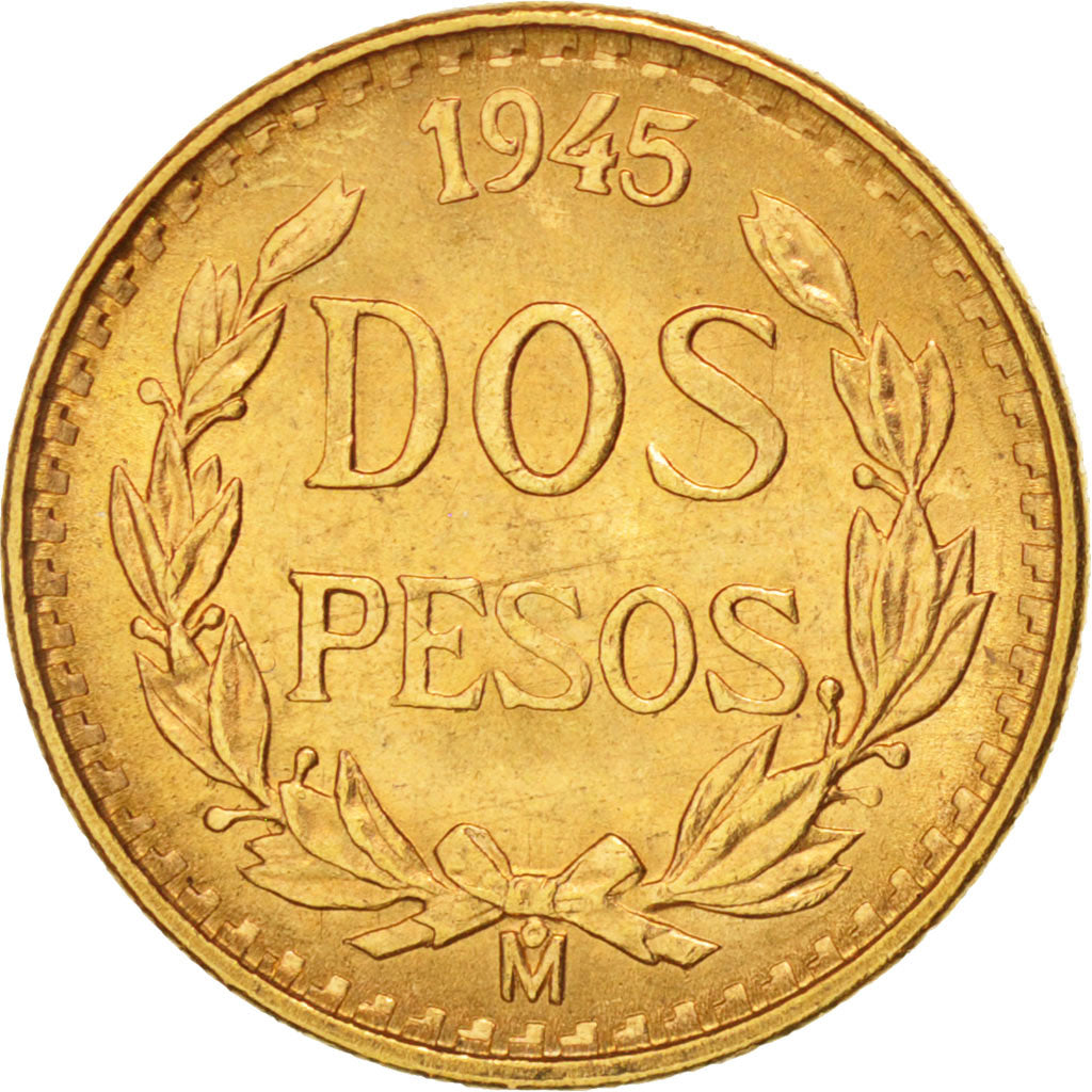 Mexico, 2 Pesos, 1945, Mexico City, AU(55-58), Gold, KM:461