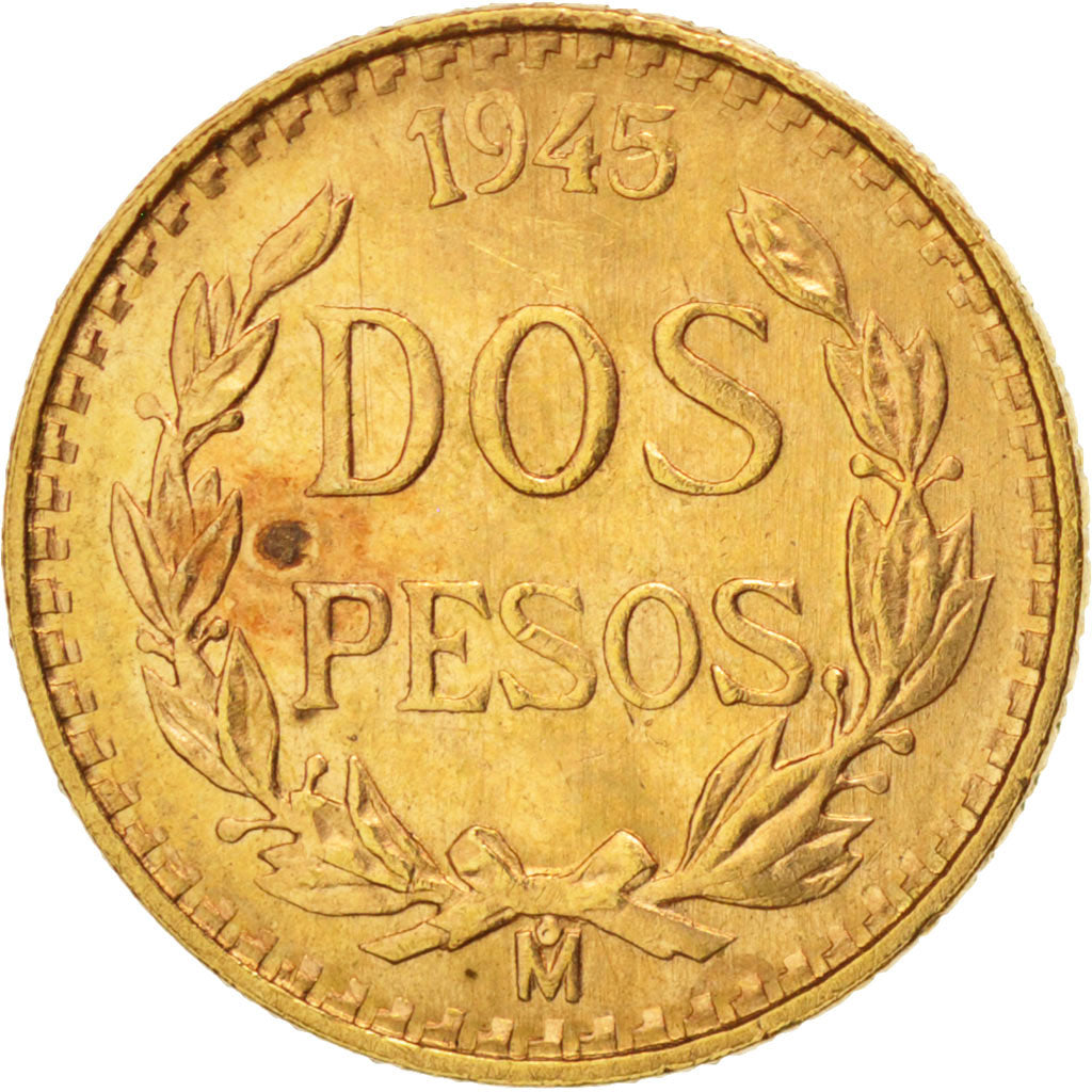 Mexico, 2 Pesos, 1945, Mexico City, AU(55-58), Gold, KM:461