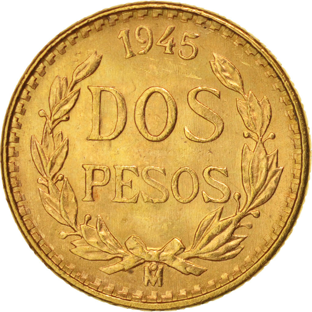 Mexico, 2 Pesos, 1945, Mexico City, AU(55-58), Gold, KM:461