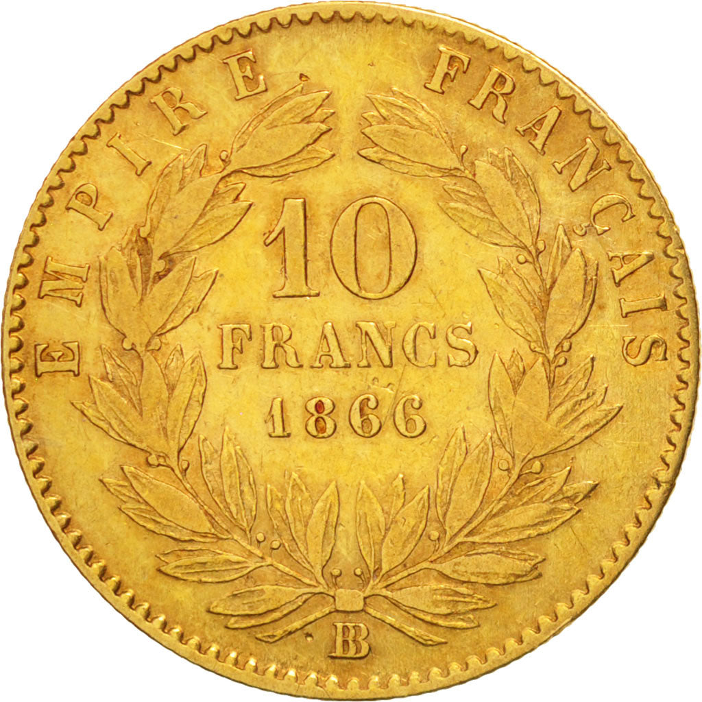 France, Napoleon III, 10 Francs, 1866, Strasbourg, EF(40-45), KM:800.2