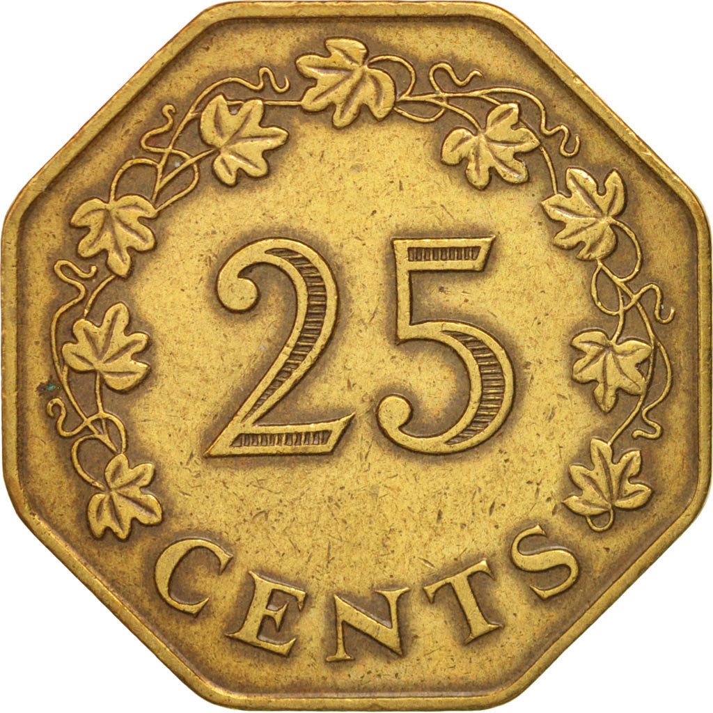 Malta, 25 Cents, 1975, EF(40-45), Brass, KM:29