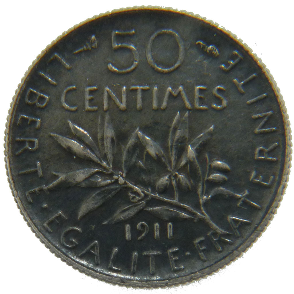 FRANCE, Semeuse, 50 Centimes, 1911, Paris, KM #854, AU(55-58), Silver, 18.1,...