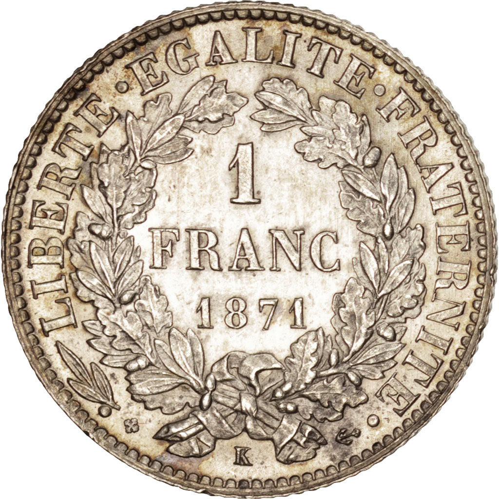 Coin, France, Cérès, Franc, 1871, Bordeaux, MS(63), Silver, KM:822.2