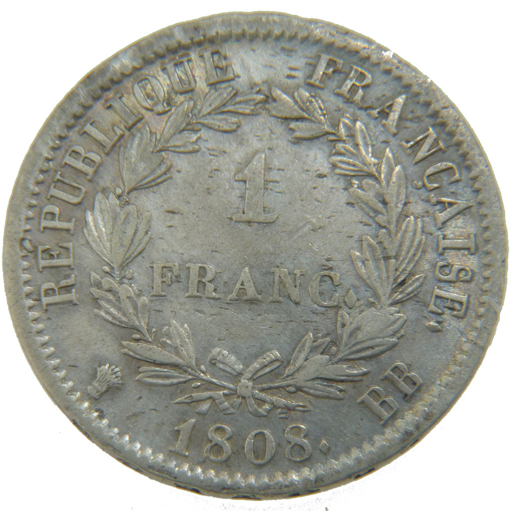 FRANCE, Napoléon I, Franc, 1808, Strasbourg, KM #682.3, EF(40-45), Silver, G...