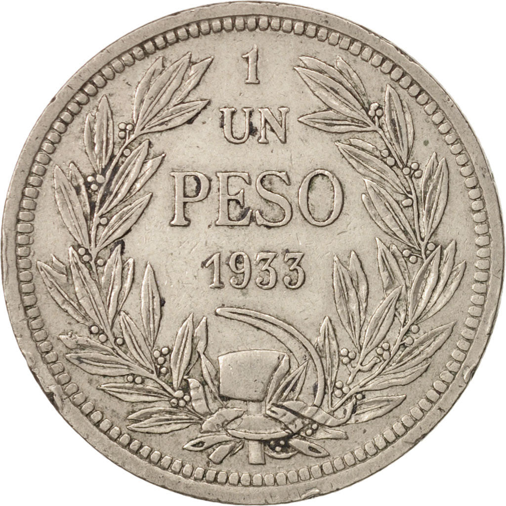 Chile, Peso, 1933, AU(50-53), Copper-nickel, KM:176.1