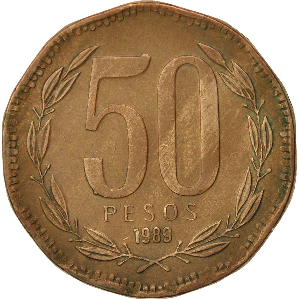 Coin, Chile, 50 Pesos, 1989, EF(40-45), Aluminum-Bronze, KM:219.2