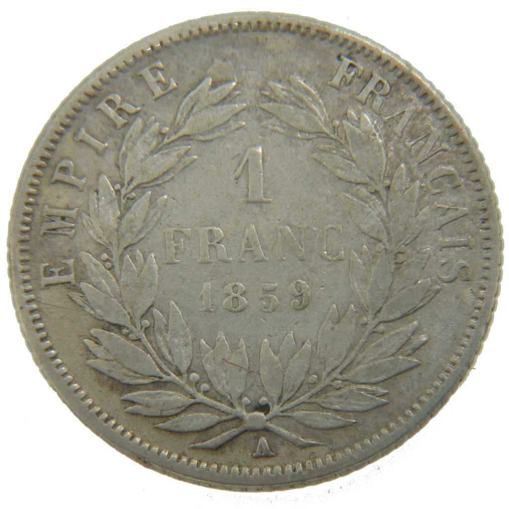 FRANCE, 1 Franc, 1859, Paris, VF(20-25), Silver, Gadoury #460, 4.90