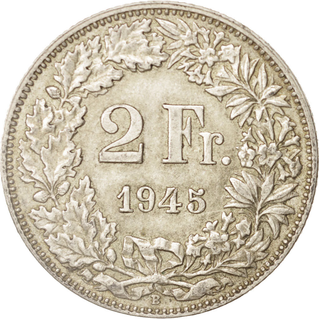 Coin, Switzerland, 2 Francs, 1945, Bern, AU(50-53), Silver, KM:21
